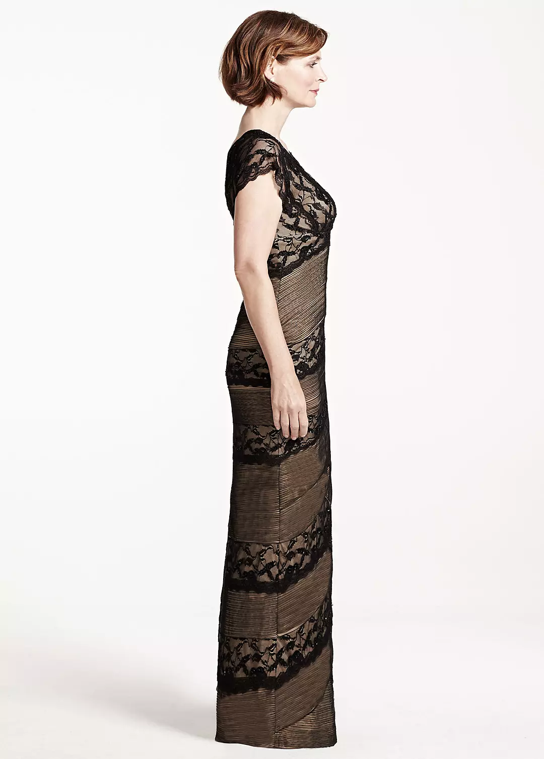 Long Beaded Stretch Lace Dress with Cap Sleeves Image 3