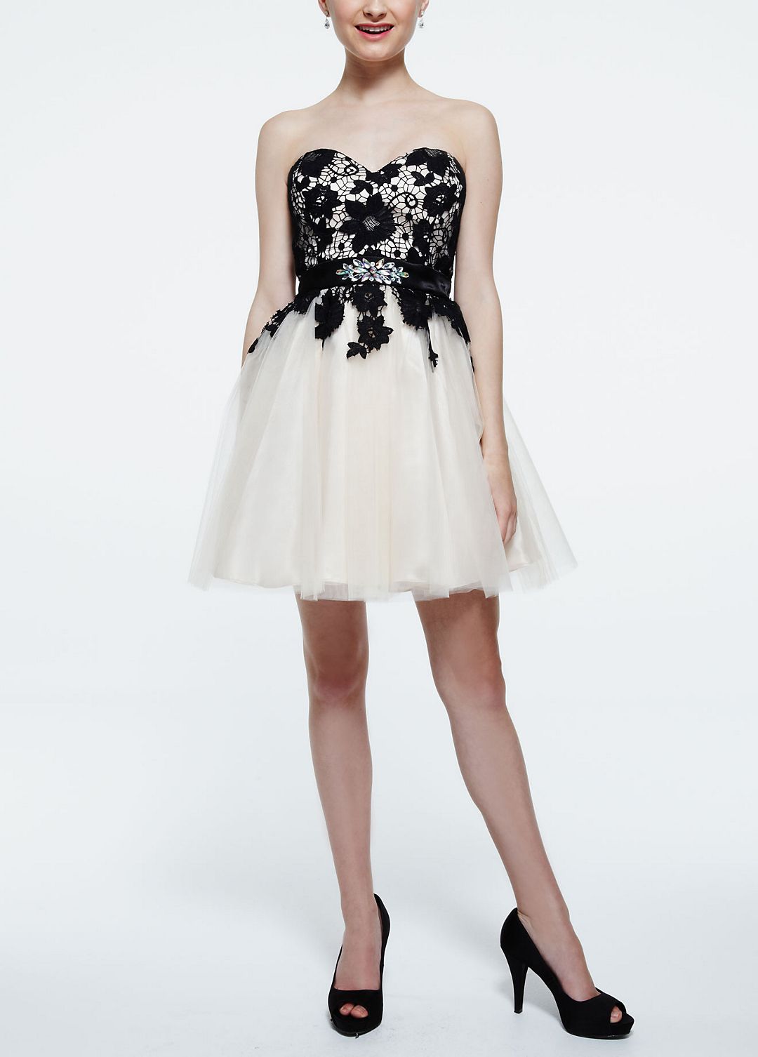 Strapless Lace Applique Tulle Dress with Belt Image 1
