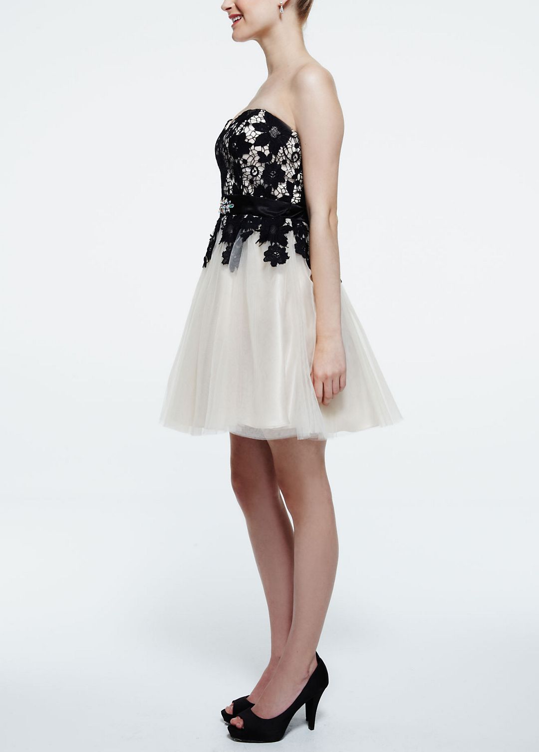 Strapless Lace Applique Tulle Dress with Belt Image 3