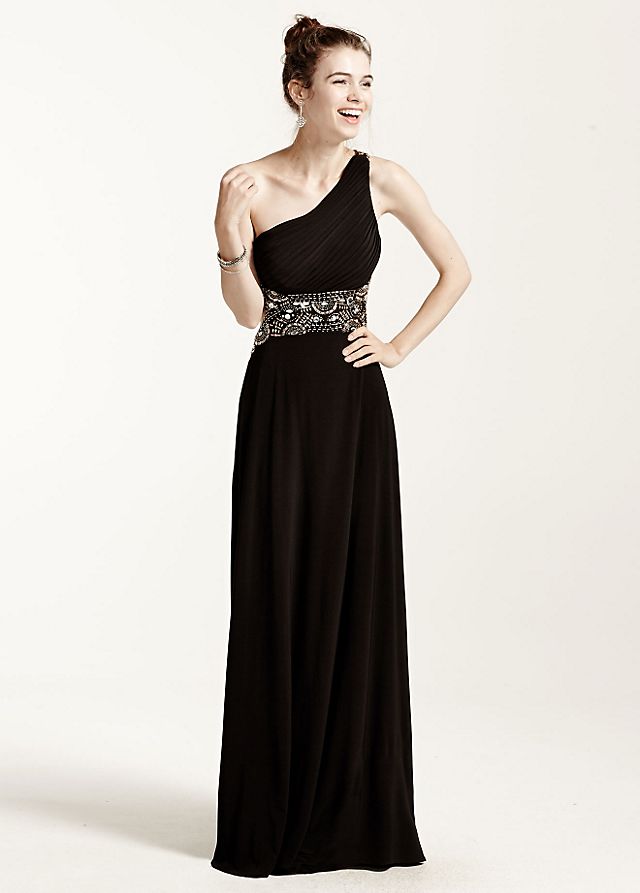 Open Back One Shoulder Prom Dress with Bead Detail Image 1