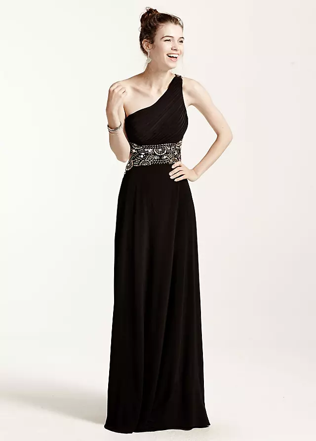 Open Back One Shoulder Prom Dress with Bead Detail Image
