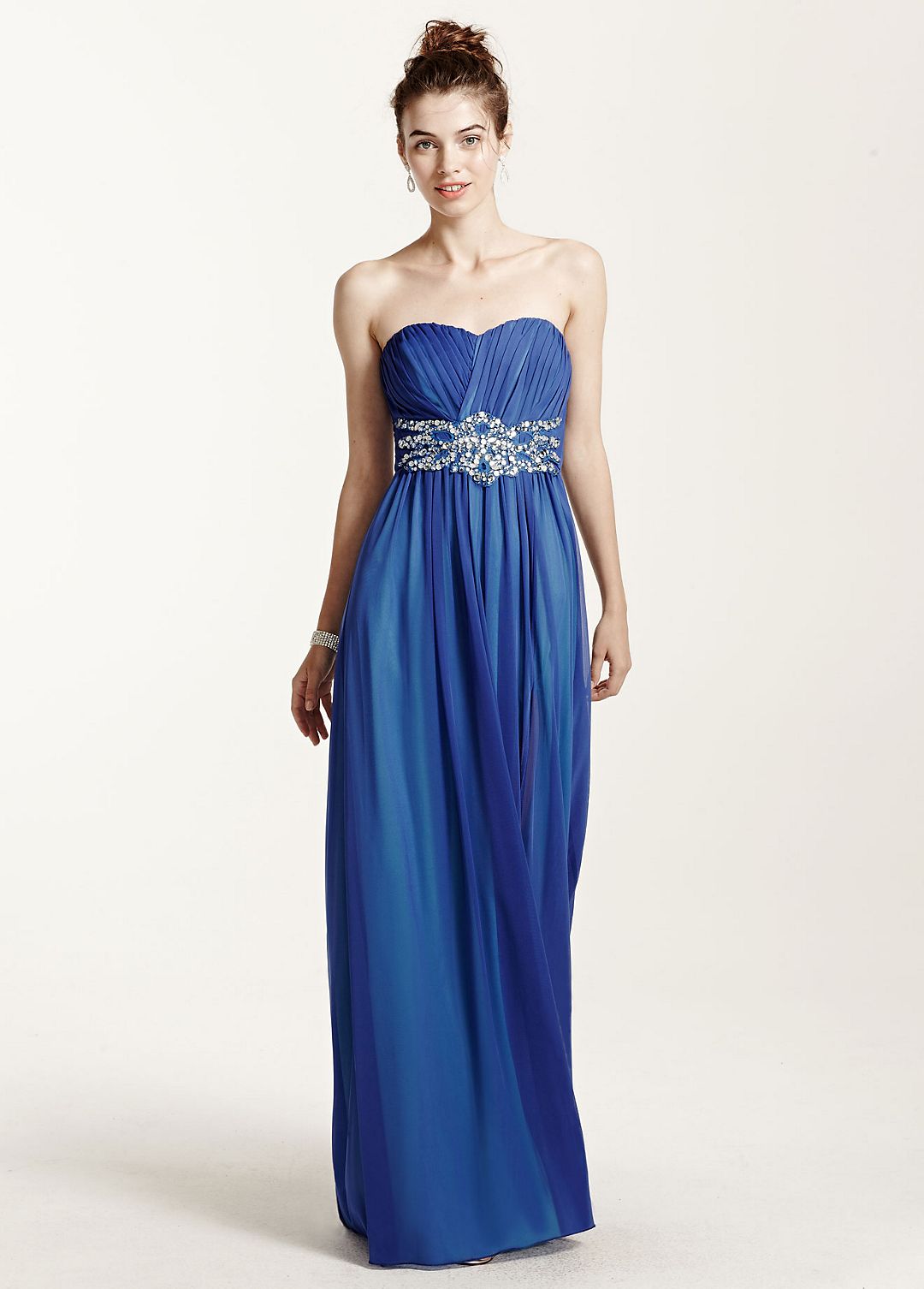 Long Strapless Mesh Dress with Beaded Waist Image 1