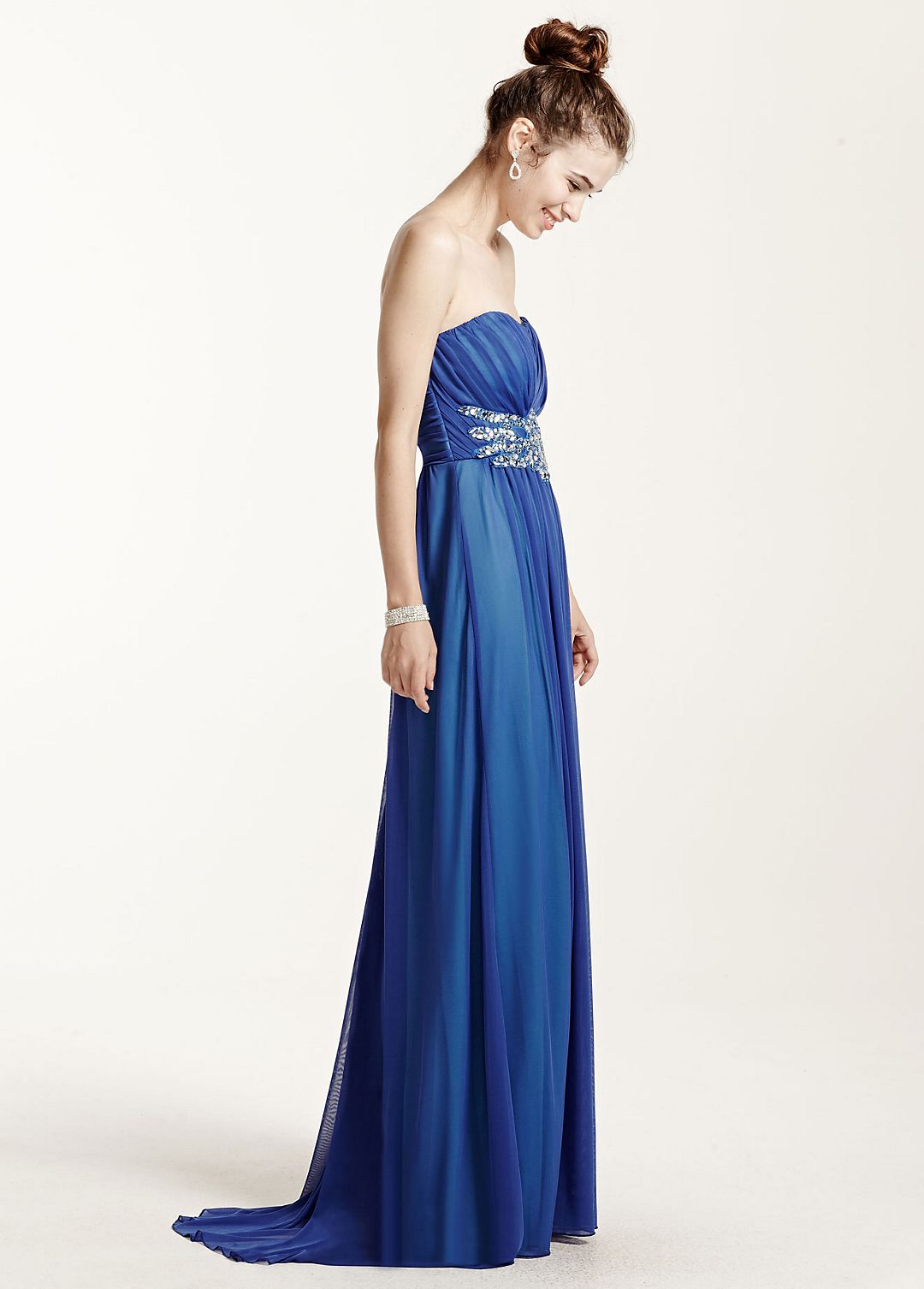 Long Strapless Mesh Dress with Beaded Waist Image 3
