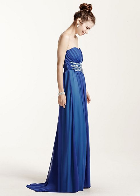 Long Strapless Mesh Dress with Beaded Waist Image 3
