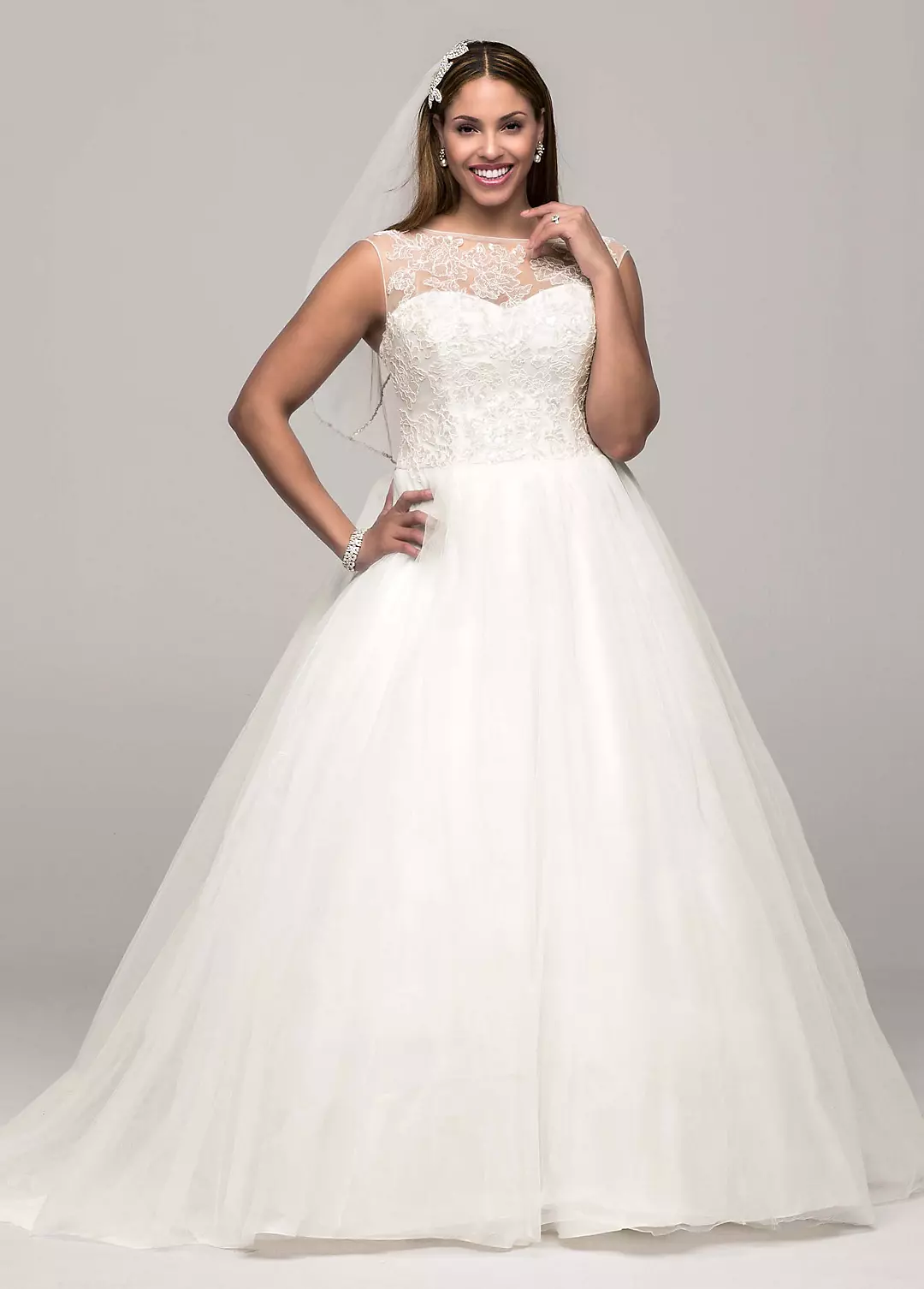 Cap Sleeve Tulle Ball Gown with Illusion Neckline Image