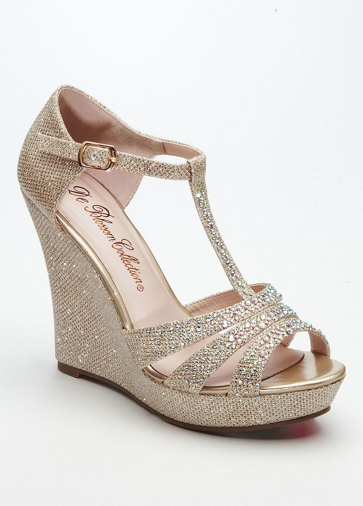 David's Bridal Wedding & Bridesmaid Shoes Glitter T Strap Wedge Sandal ...