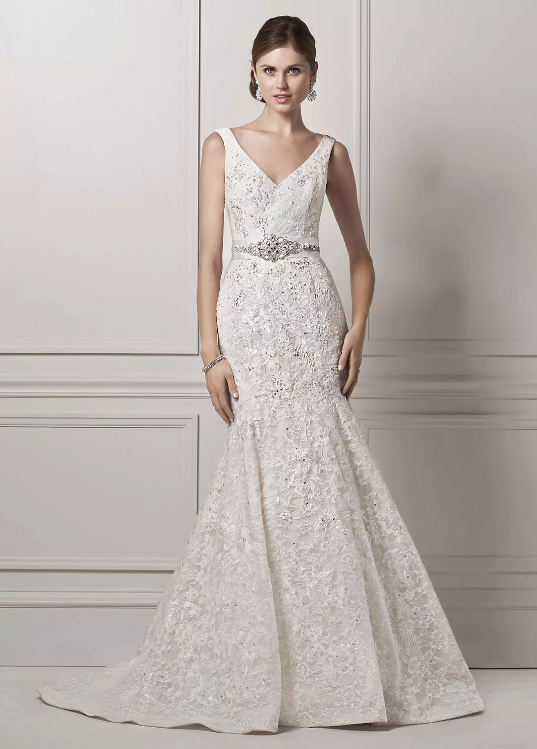 All Over Lace Trumpet Gown with Deep V Neckline Image