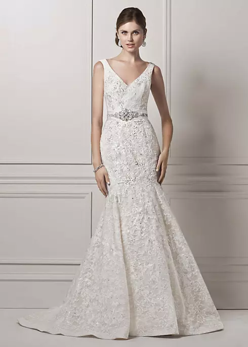 All Over Lace Trumpet Gown with Deep V Neckline Image 1