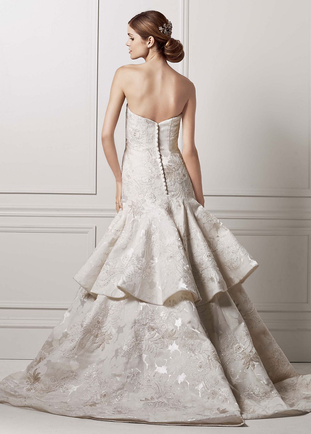 Oleg Cassini Floral Tiered Back Wedding Dress Image 2