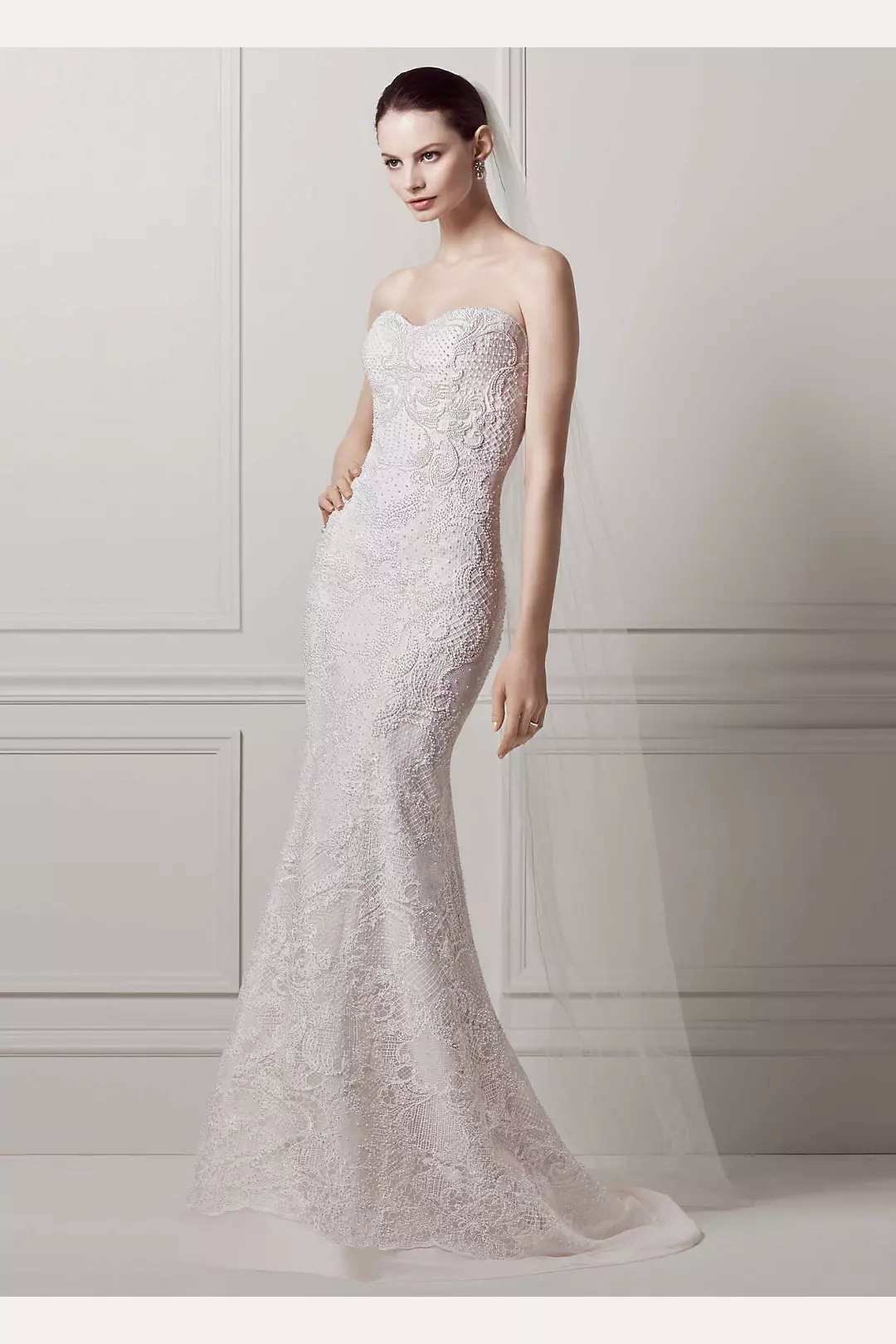 Strapless Lace Sheath Gown with Pearl Beading Image