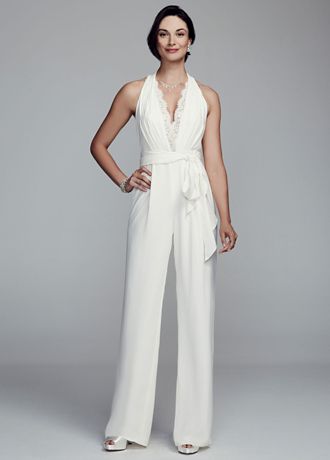 David's Bridal Wedding Dress Halter Crepe and Lace Jumpsuit | eBay