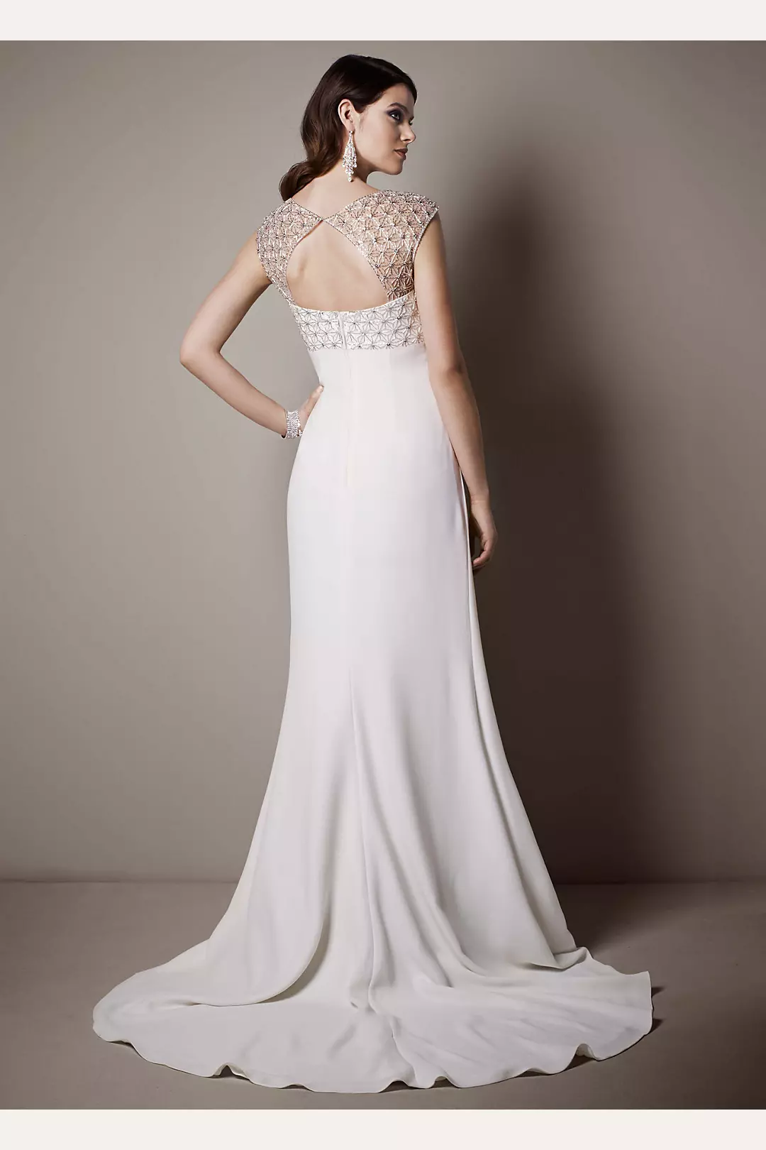 Cap Sleeve Crepe Sheath Gown with Beaded Bodice Image 2