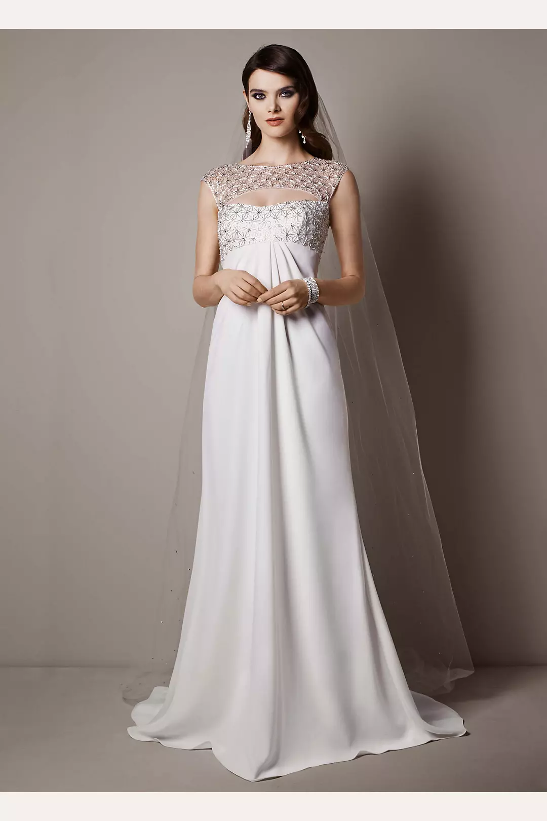 As-Is Cap Sleeve Crepe Sheath Gown with Beading Image