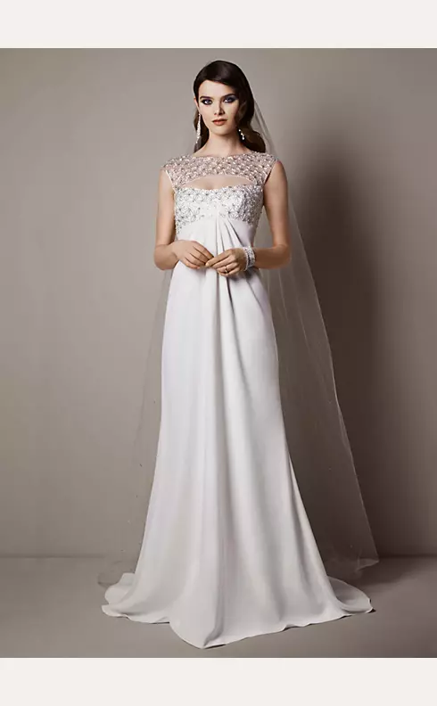 Cap Sleeve Crepe Sheath Gown with Beaded Bodice Image 1