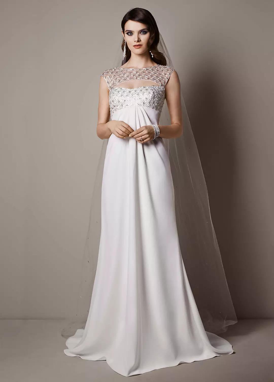 Cap Sleeve Crepe Sheath Gown with Beaded Bodice Image