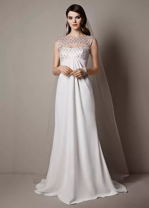 Cap Sleeve Crepe Sheath Gown with Beaded Bodice Image 1