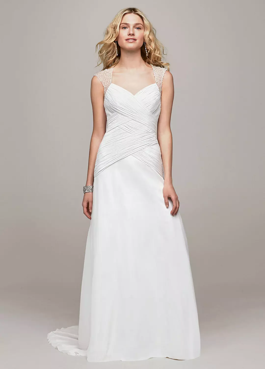 Chiffon A Line Gown with Beaded Cap Sleeve Detail Image