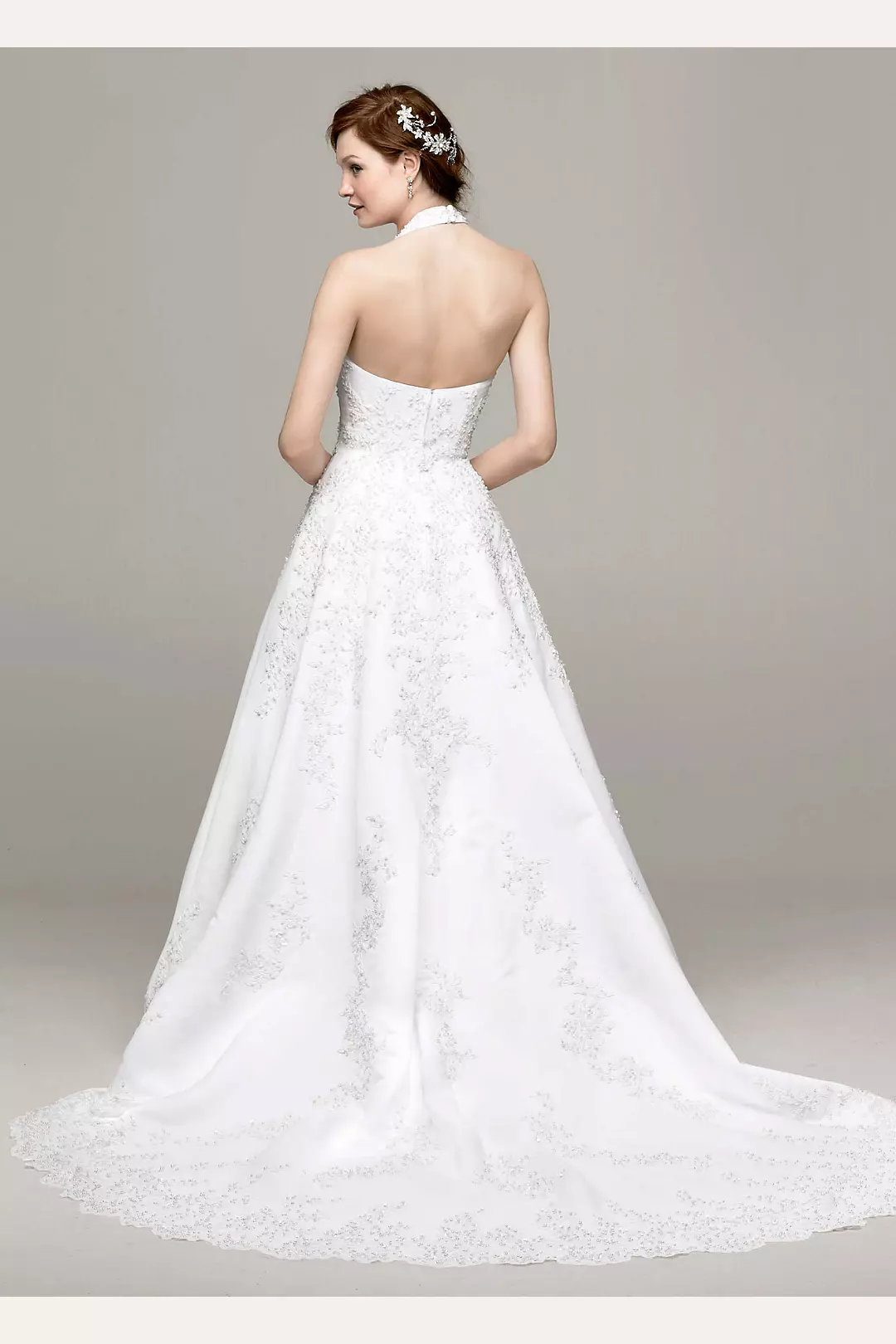 Satin Halter A-line Wedding Dress with Beaded Lace Image 2