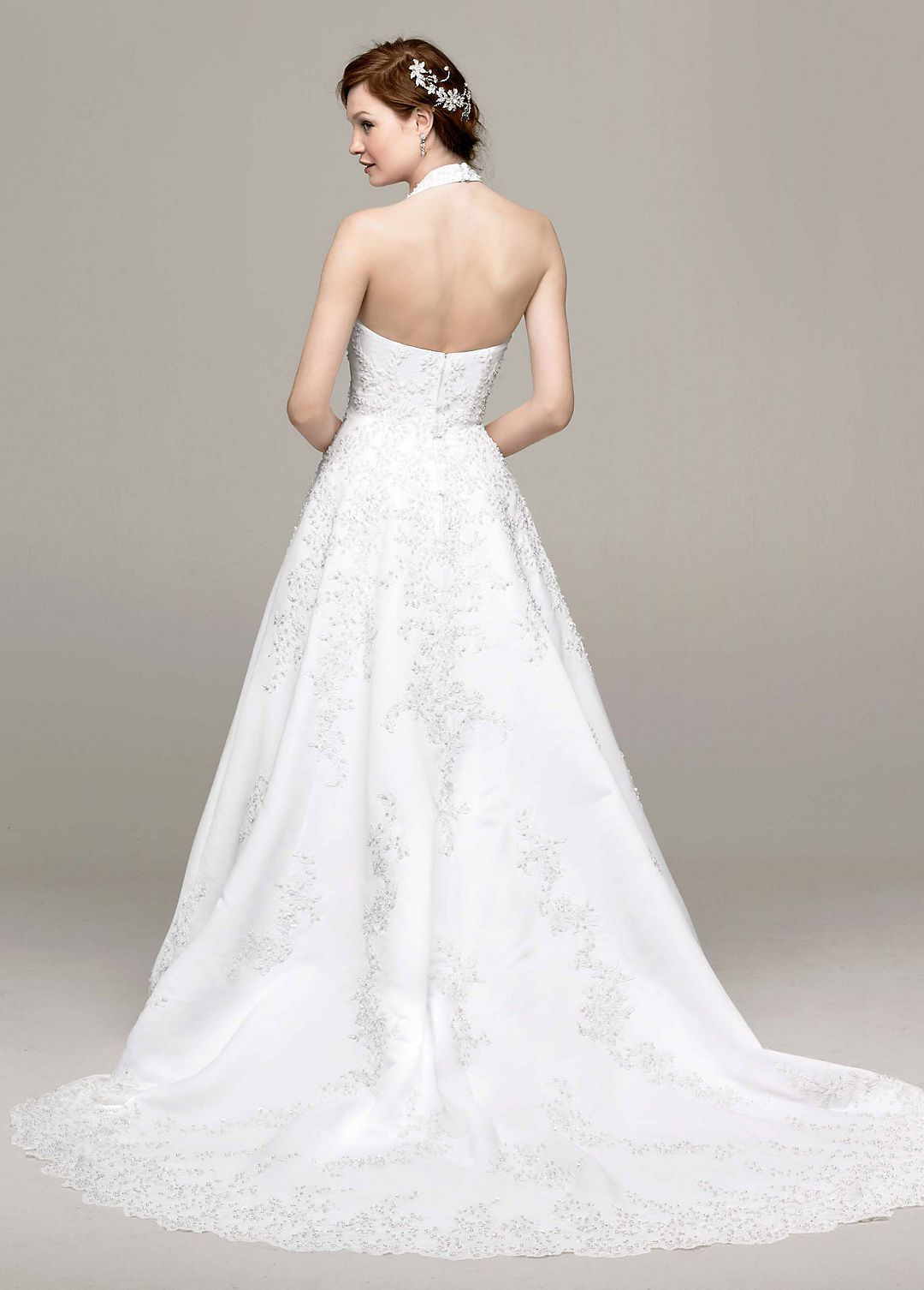 Satin Halter A-line Wedding Dress with Beaded Lace Image 3