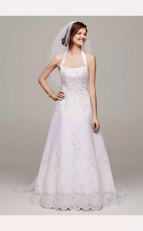 Satin Halter A-line Wedding Dress with Beaded Lace Image 1