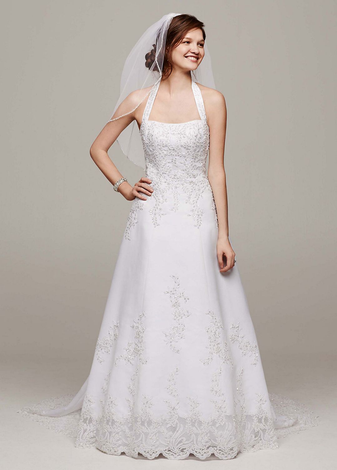 Satin Halter A-line Wedding Dress with Beaded Lace Image 3