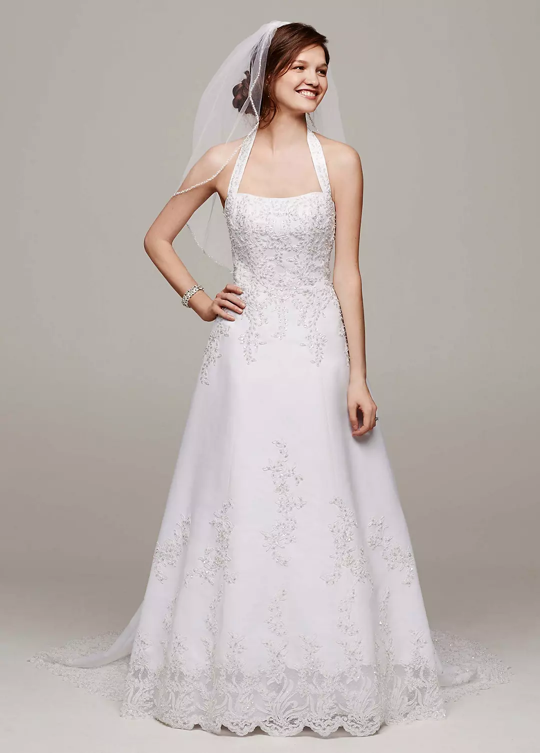 Satin Halter A-line Wedding Dress with Beaded Lace Image