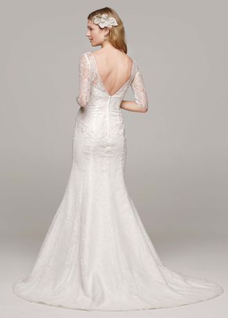 sachin and babi light blue dress Elegant V-Neck 3/4 Sleeves Sweep Train Lace/Chiffon Wedding Dresses – Liymc