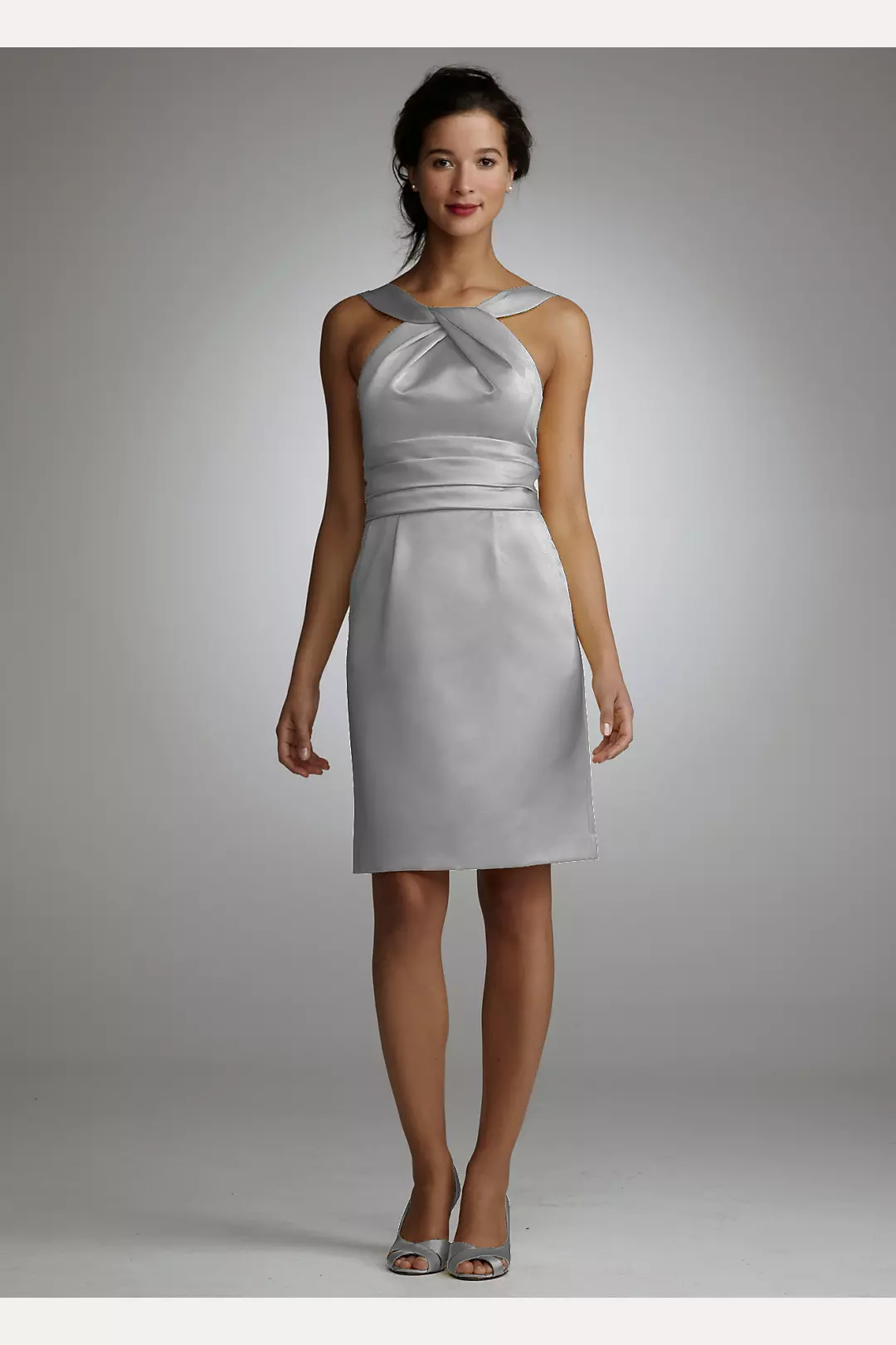 Y Neck Slim Satin Dress with Ruched Waistband Image