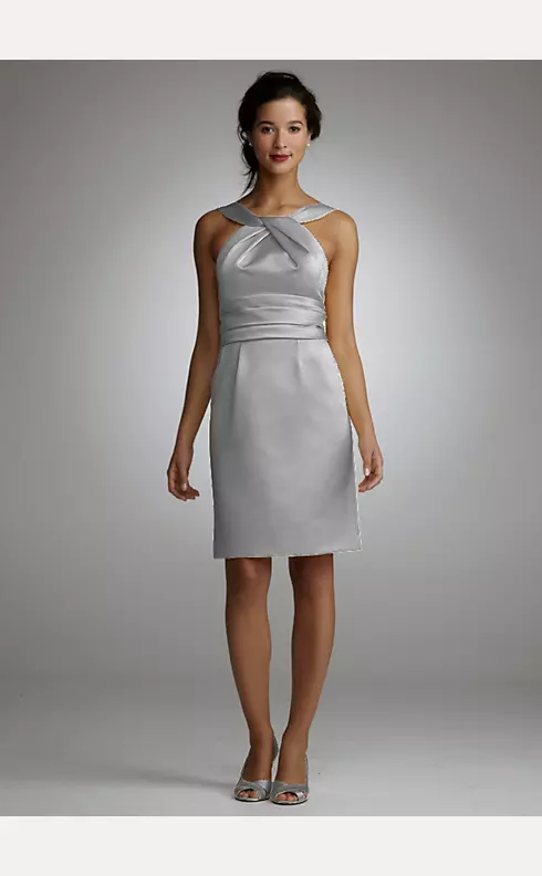 Y Neck Slim Satin Dress with Ruched Waistband Image 1