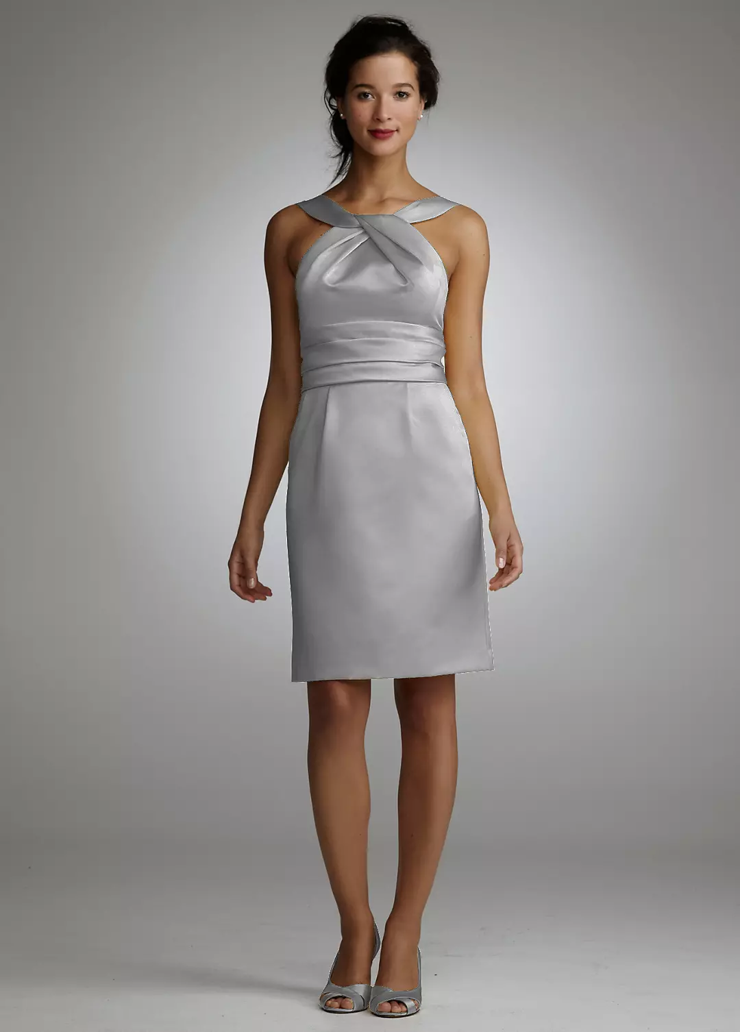 Y Neck Slim Satin Dress with Ruched Waistband Image