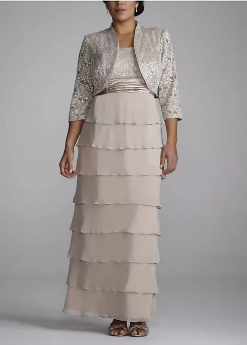 3/4 Sleeve Lace Jacket Dress with Tiered Skirt Image 1