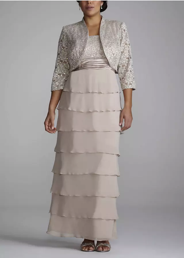3/4 Sleeve Lace Jacket Dress with Tiered Skirt Image