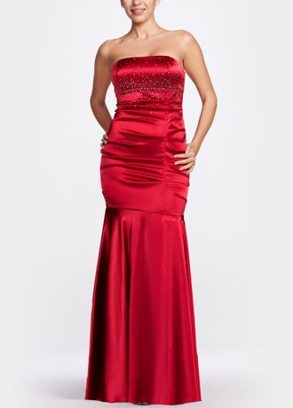 Strapless Beaded Satin Gown with All Over Ruching Image