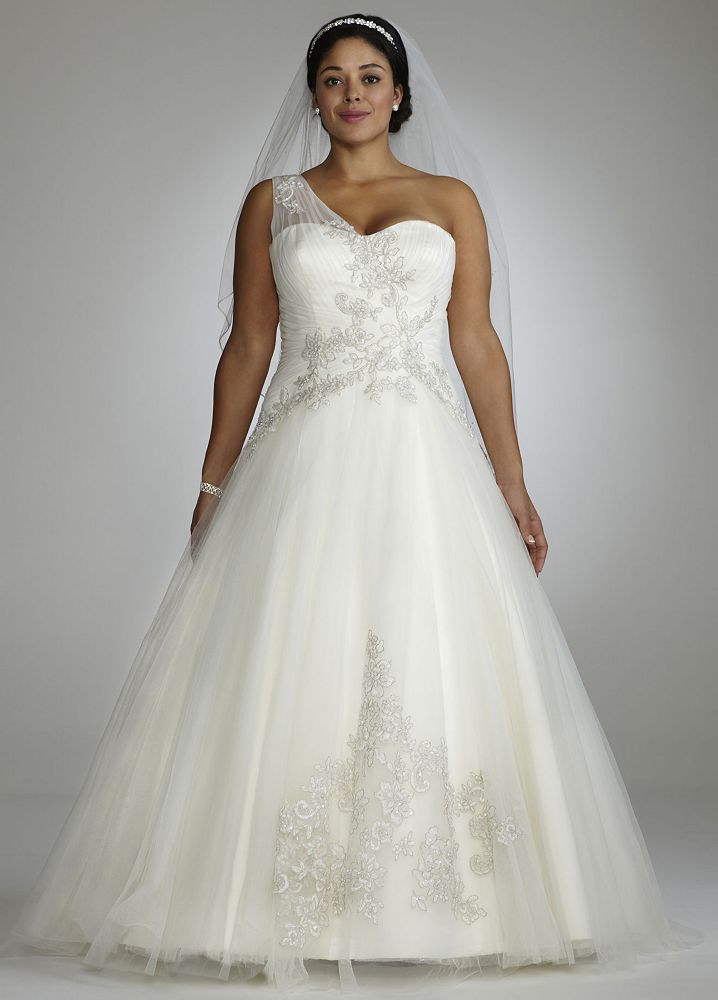 David's Bridal One Shoulder Tulle Ball Gown Wedding Dress with Lace ...