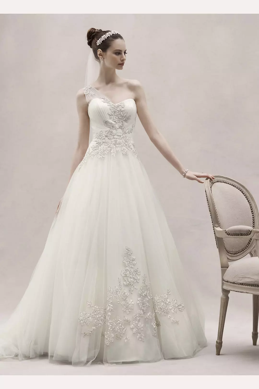 One Shoulder Tulle Ball Gown with Lace Appliques Image