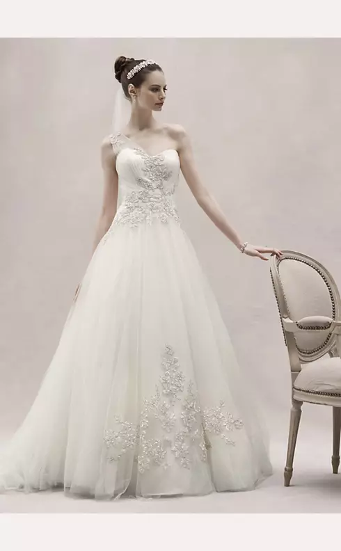 One Shoulder Tulle Ball Gown with Lace Appliques Image 1