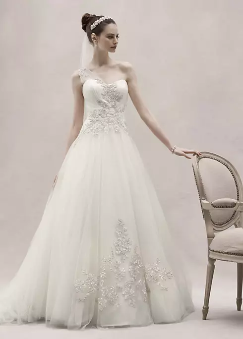 One Shoulder Tulle Ball Gown with Lace Appliques Image 1