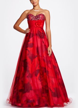 Strapless Printed Ball Gown with Tulle Overlay Image
