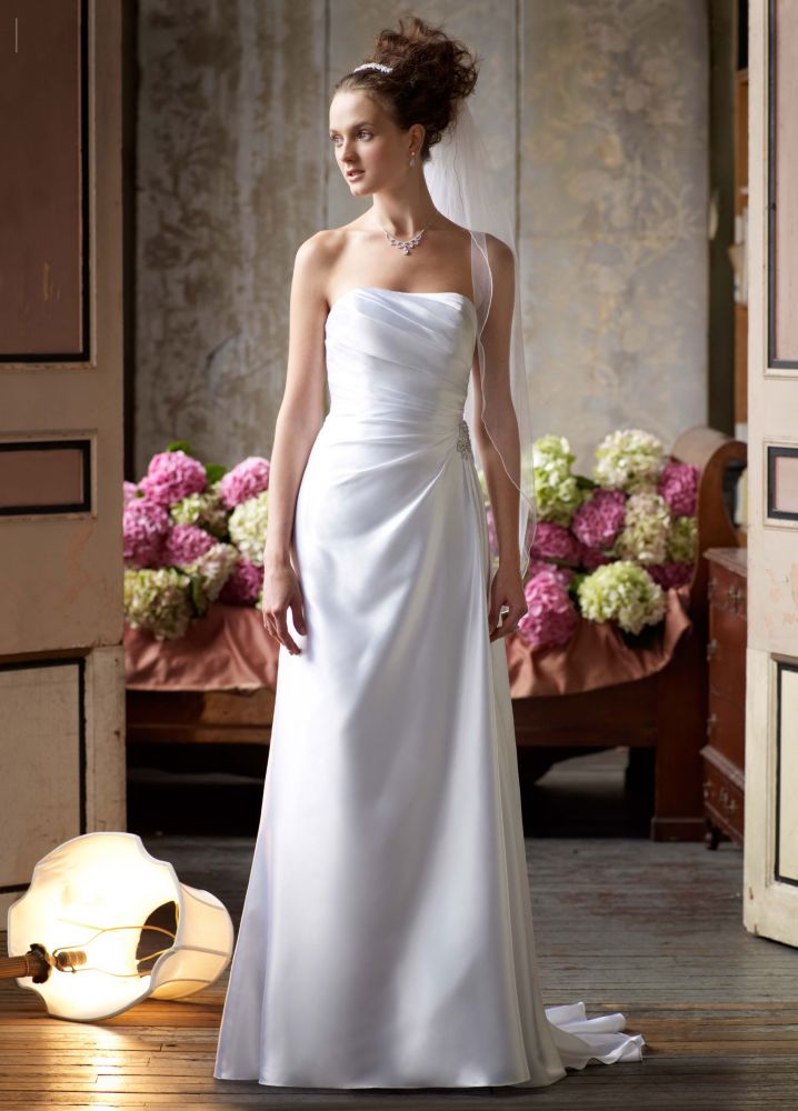David's Bridal Strapless Charmeuse Wedding Dress with Beaded Applique ...