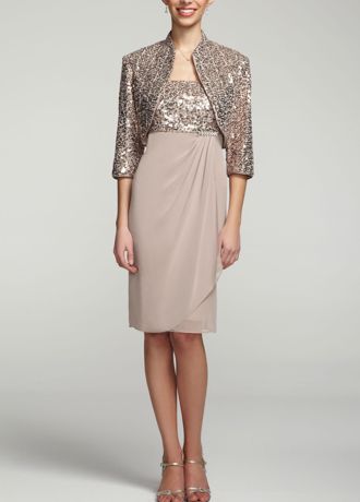 3/4 Sleeve Sequin Jacket Dress with Brooch Detail Image