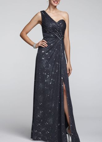 Long One Shoulder Glitter Mesh Dress Image
