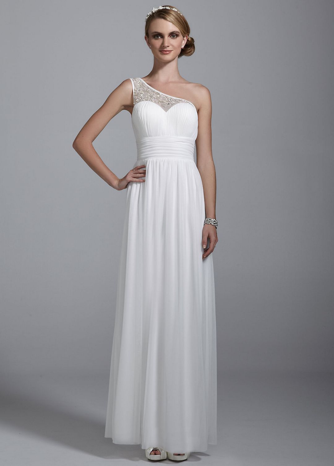 Illusion One Shoulder All Over Beaded Ruched Gown Image