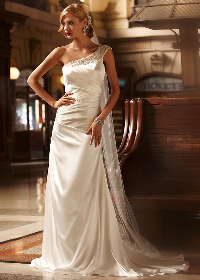Soft Gown with Ruched Bodice and Embellished Strap Image 1