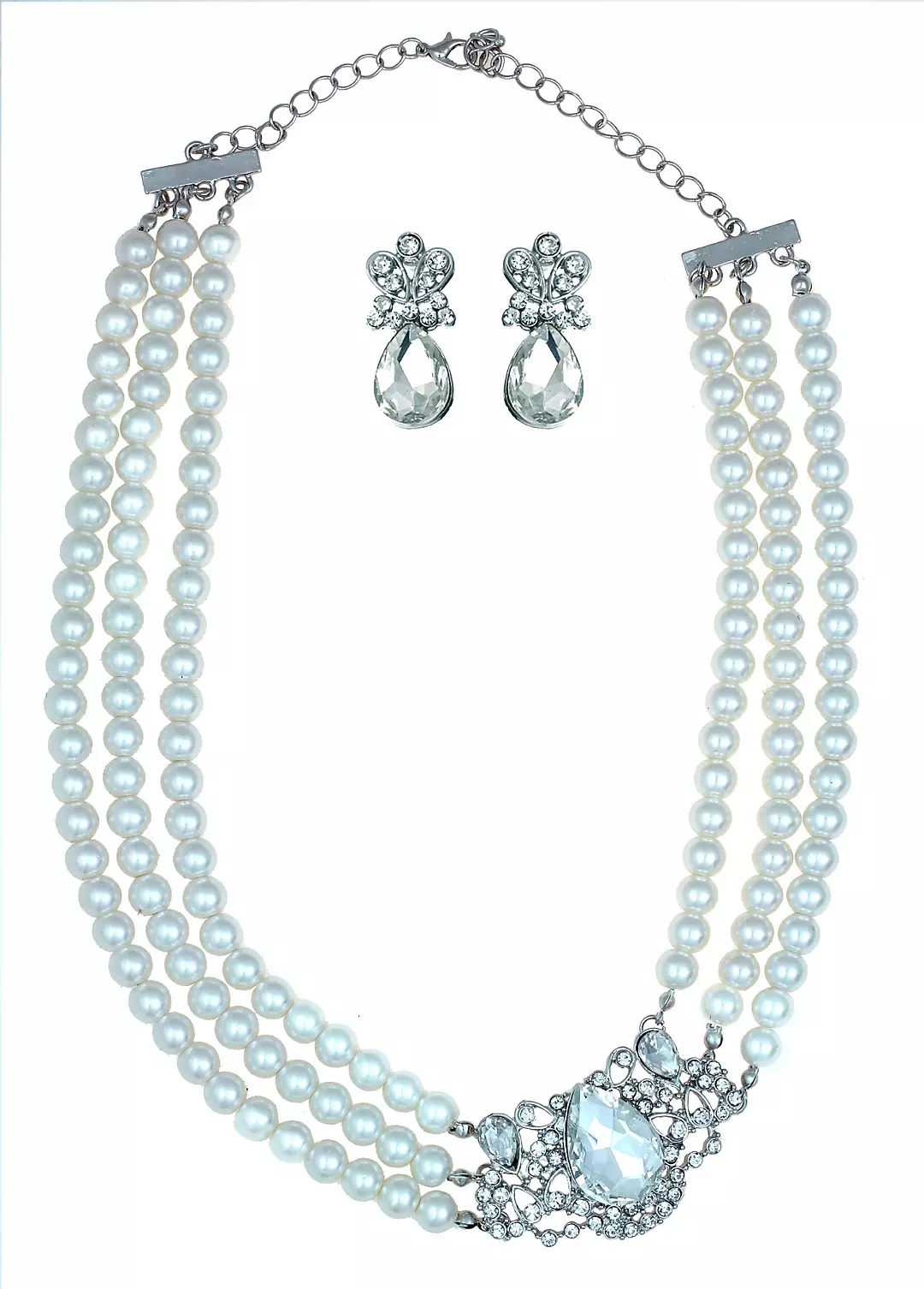 Three Row Pearl Necklace and Earring Set Image