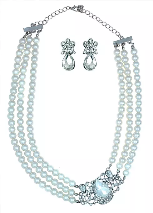 Three Row Pearl Necklace and Earring Set Image 1