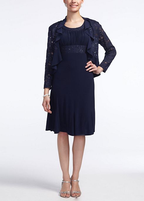 3/4 Sleeve Lace Ruffle Jersey Jacket Dress Image