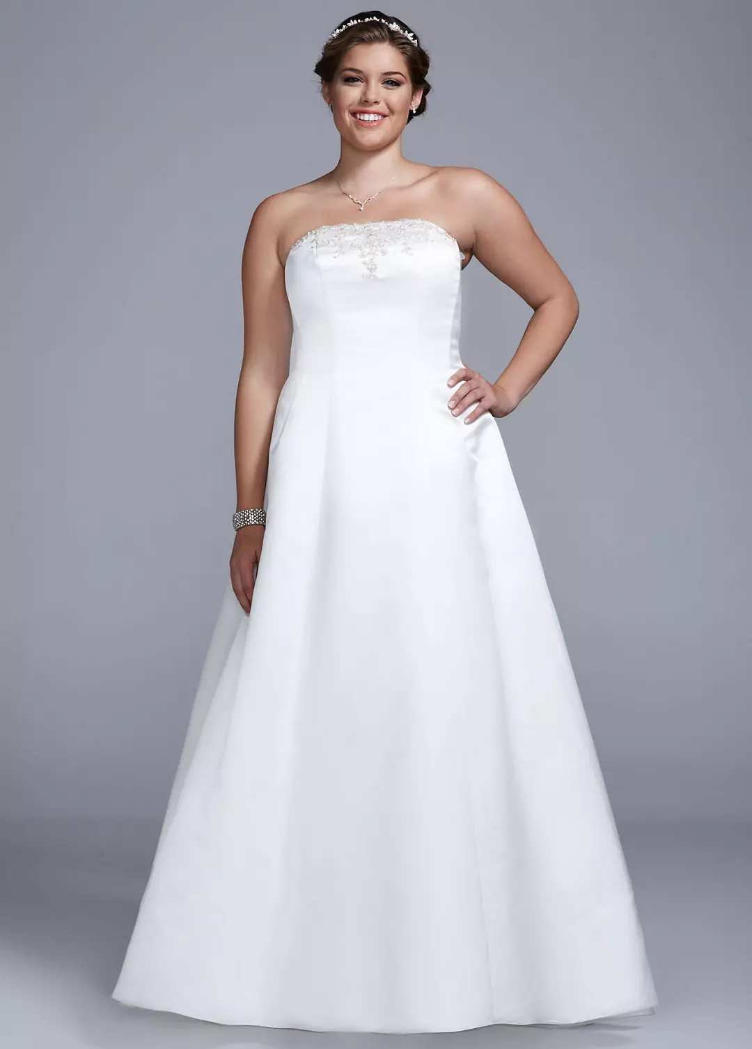 Strapless Satin A-line with Beaded Lace Detail Image