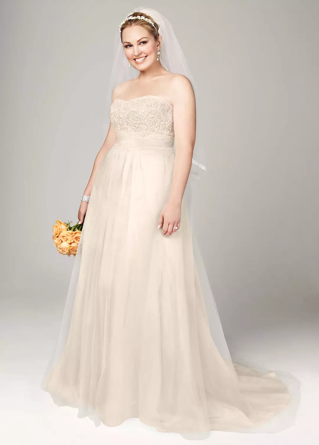 Strapless A Line Beaded Lace Tulle Gown Image