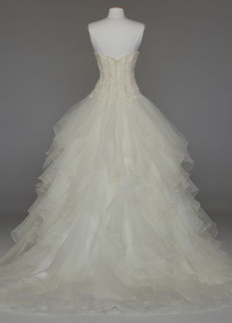 strapless ball gown with organza ruffle skirt