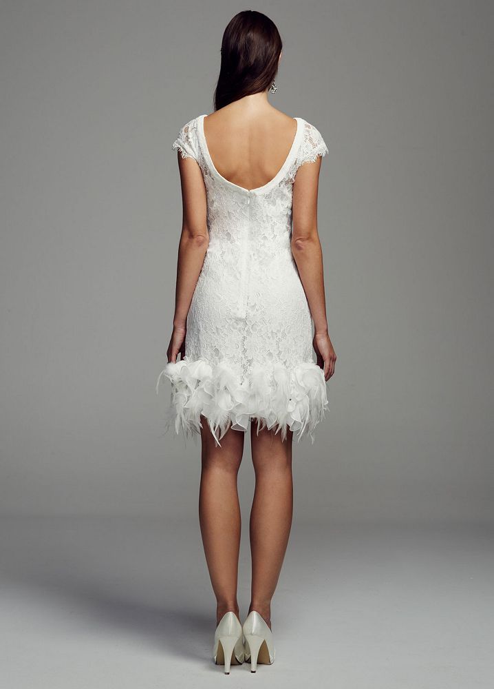 David's Bridal Short Lace Wedding Dress with Feather Trim Detail | eBay